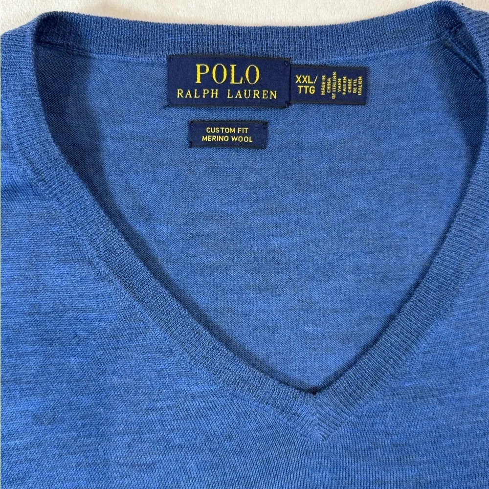Polo Ralph Lauren XXL 100% Merino Wool Custom Fit Royal Blue V-Neck Sweater